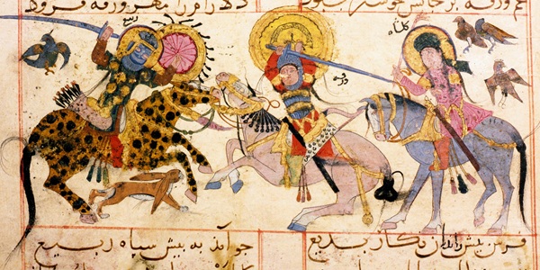 Gulshah disguised as a man watches her lover Varqa and his rival Rabi fight on horseback.